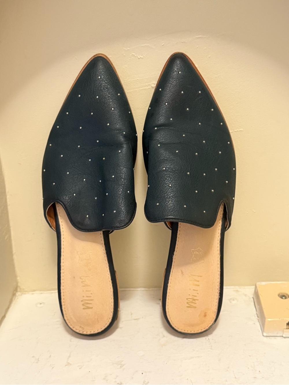 Mi.iM Gaze Ball-Studded Pointed Faux Leather Mules